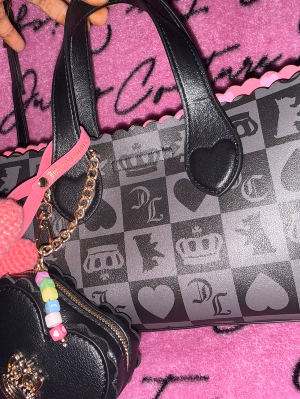 Gray & Pink Crown Print Mini Tote with Heart Charm - Picture 3 of 8